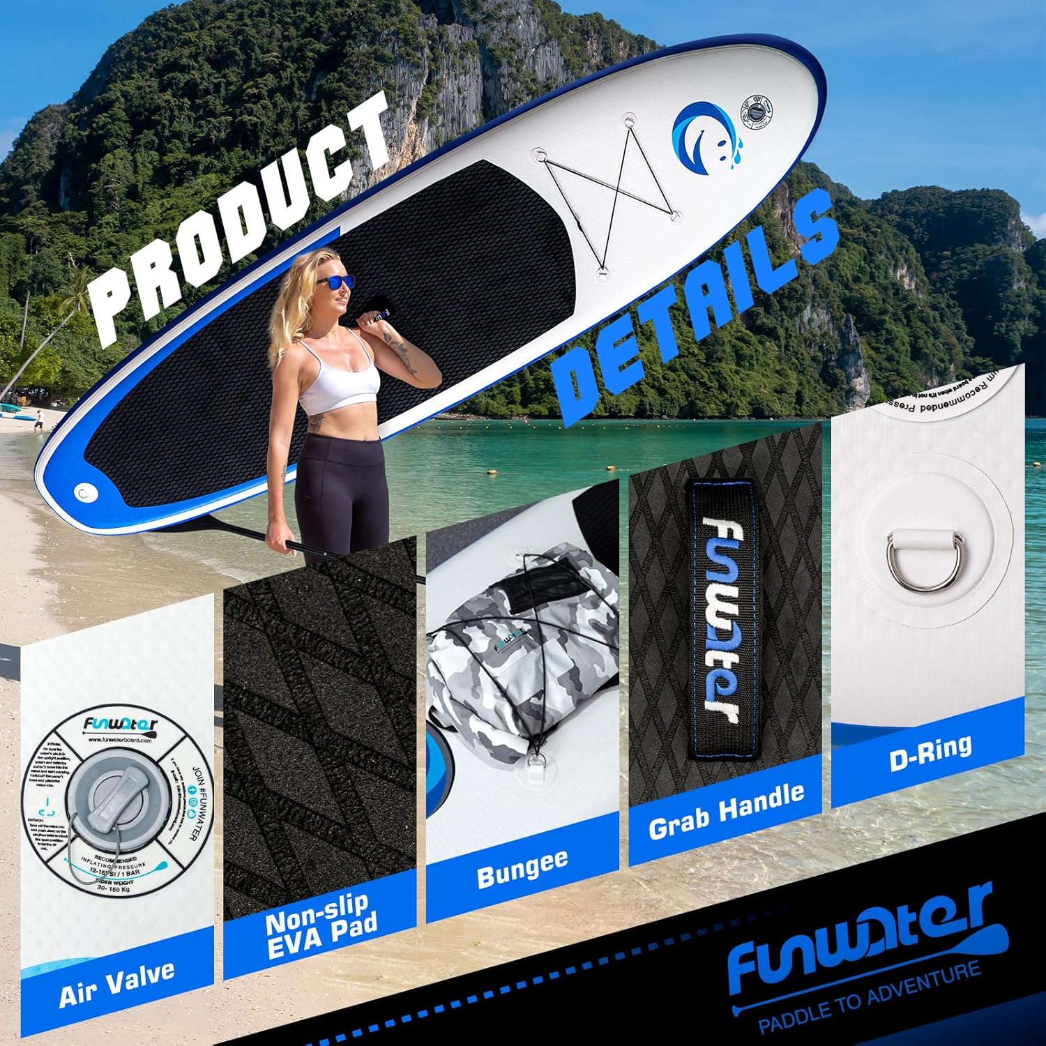 FunWater Stand Up Paddle Board Planche de paddle gonflable ultralégère avec accessoires SUP