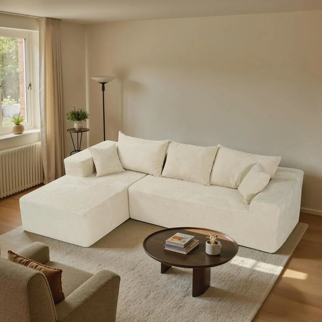 Cloud sofa with L-shaped lounge chair, modern modular sofa with deep seats