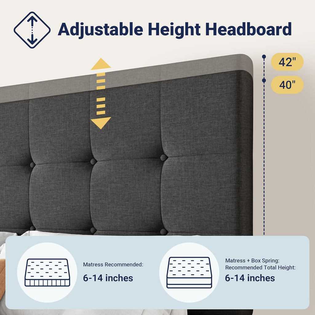 Cadre de lit plateforme Allewie rembourré Queen Size avec 4 tiroirs de rangement et tête de lit, capitonné à boutons à coutures carrées, sommier à lattes en bois, pas besoin de sommier.