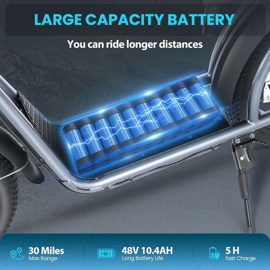 Trottinette électrique pliable Caroma Peak 800 W pour adulte avec pneus de 20 pouces de large, batterie 48 V, panier et siège réglable.
