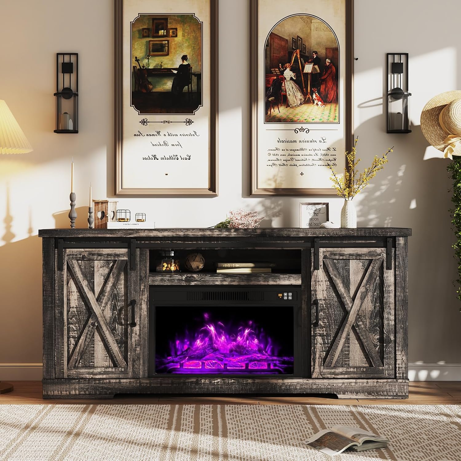 Meuble TV avec cheminée AMERLIFE et portes coulissantes style grange, compatible avec les téléviseurs jusqu'à 73 pouces, centre de divertissement avec cheminée de style ferme