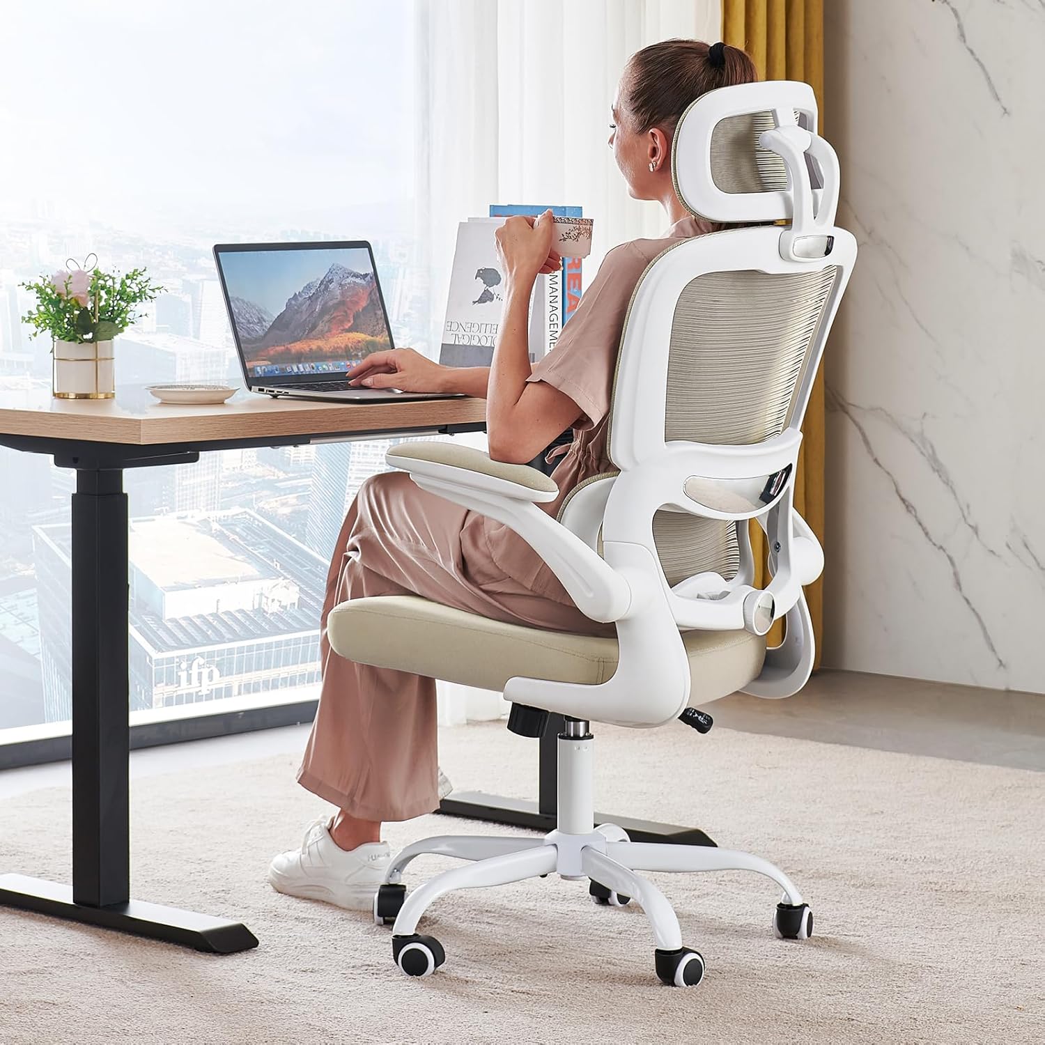Chaise de bureau ergonomique, chaise de bureau en maille avec roulettes, capacité de charge de 150 kg, chaise de jeu confortable, dossier haut