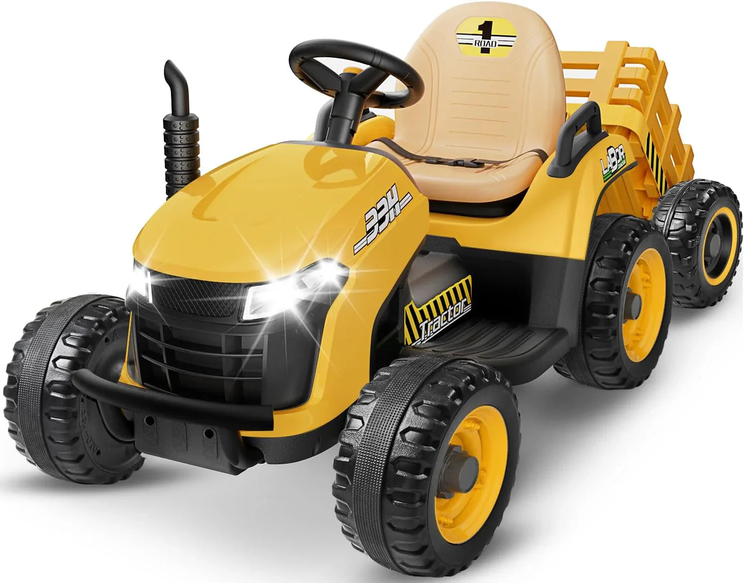 Tracteur autoporté 24 V avec remorque inclinable et amovible, 2 moteurs de 65 W, pneus EVA, télécommande, Bluetooth, levier de vitesse, musique, voiture électrique pour enfants, vert