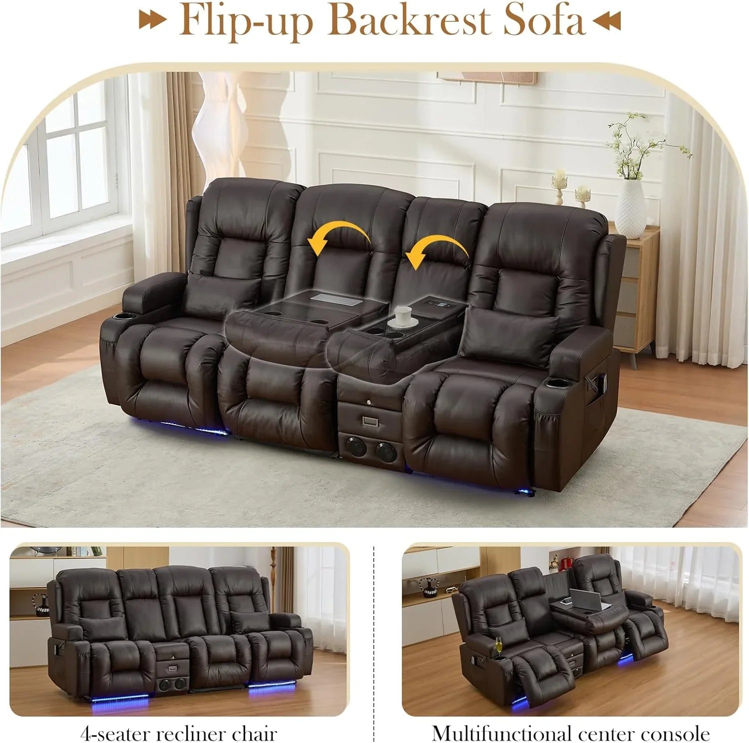 Canapé inclinable électrique TUNYI avec fonctions massage et chauffage, siège home cinéma avec console, canapé inclinable électrique pour camping-car