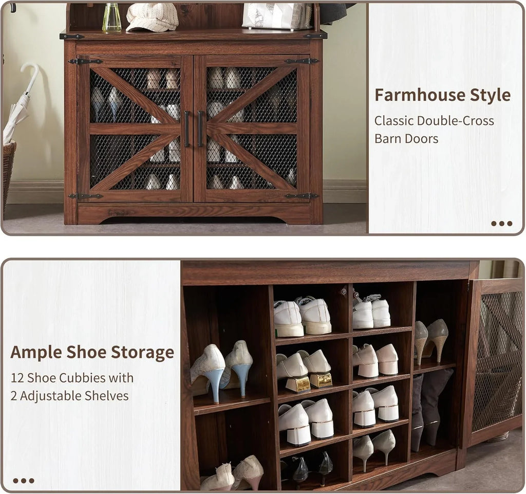 JXQTLINGMU Arbre de foyer de ferme de 59 pouces avec rangement pour chaussures, banc d'entrée, porte-manteau, armoire