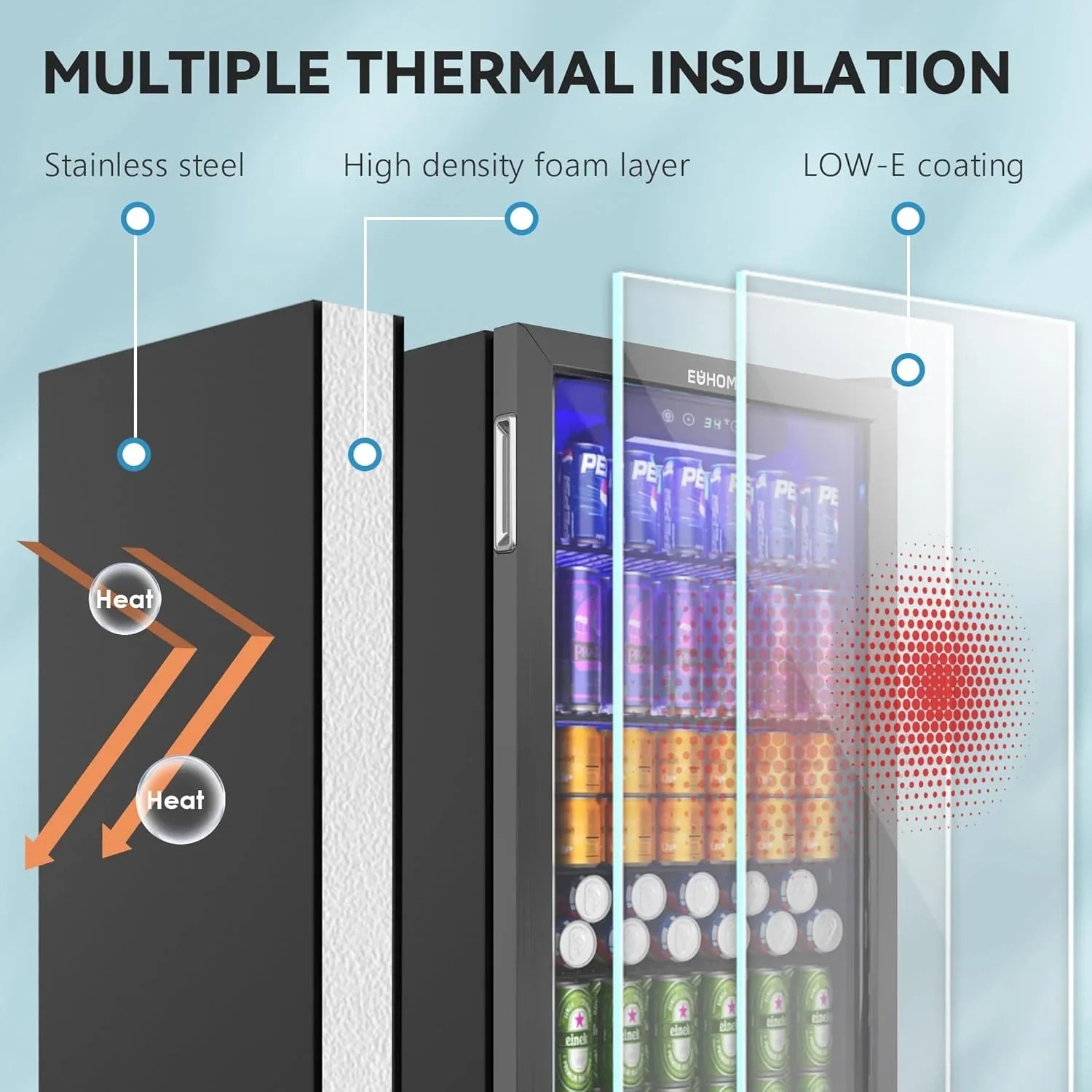 Réfrigérateur à boissons EUHOMY, mini-réfrigérateur 130 canettes avec porte vitrée pour soda, bière ou vin, refroidisseur de boissons pour la maison et le bureau