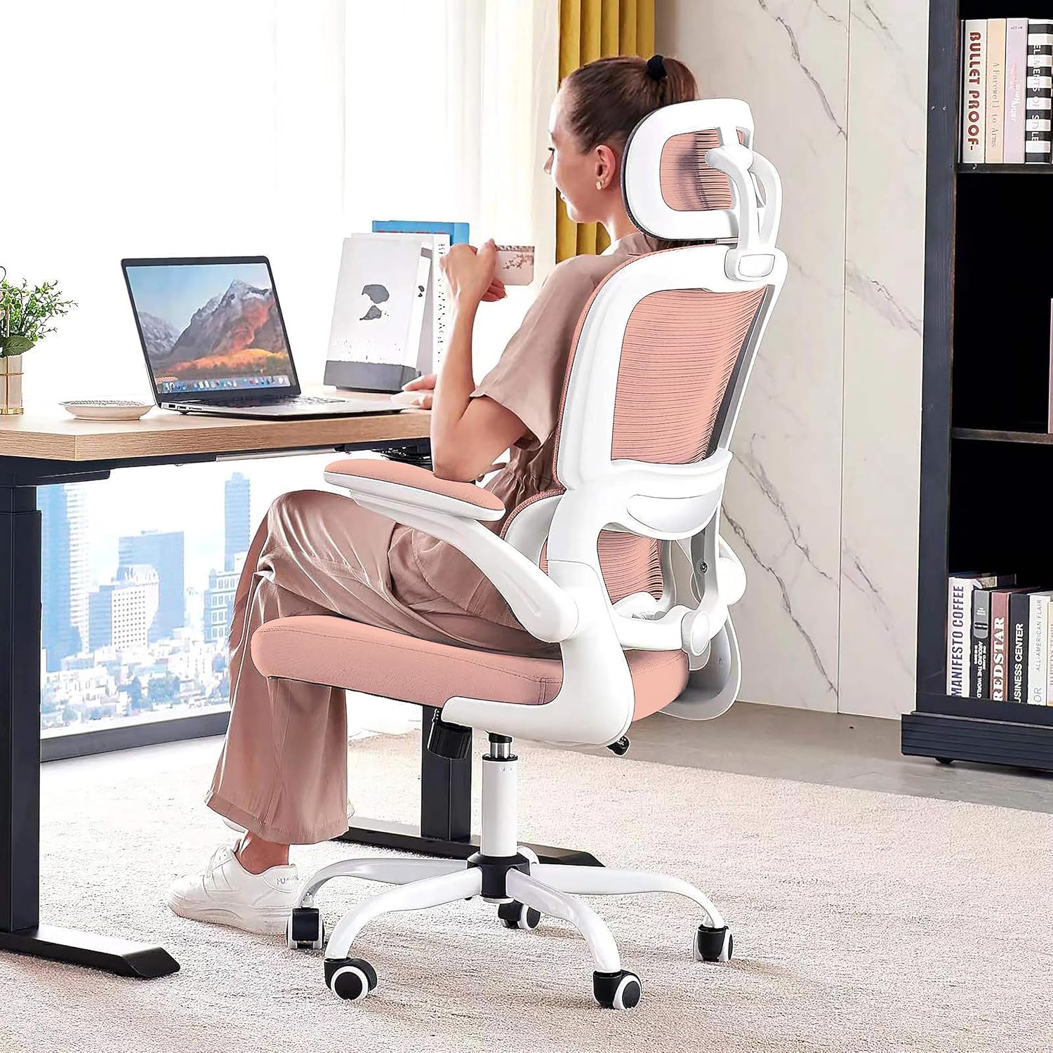 Chaise de bureau ergonomique, chaise de bureau en maille avec roulettes, capacité de charge de 150 kg, chaise de jeu confortable, dossier haut