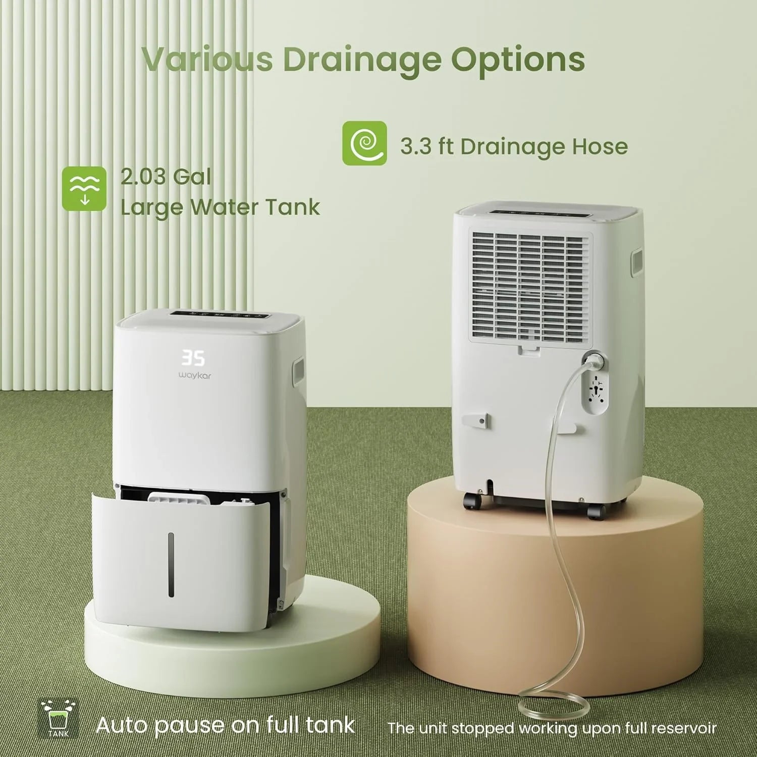 Déshumidificateur Waykar de 2 000 pi² pour la maison et les sous-sols, avec drainage automatique ou manuel, réservoir d'eau de 0,66 gallon