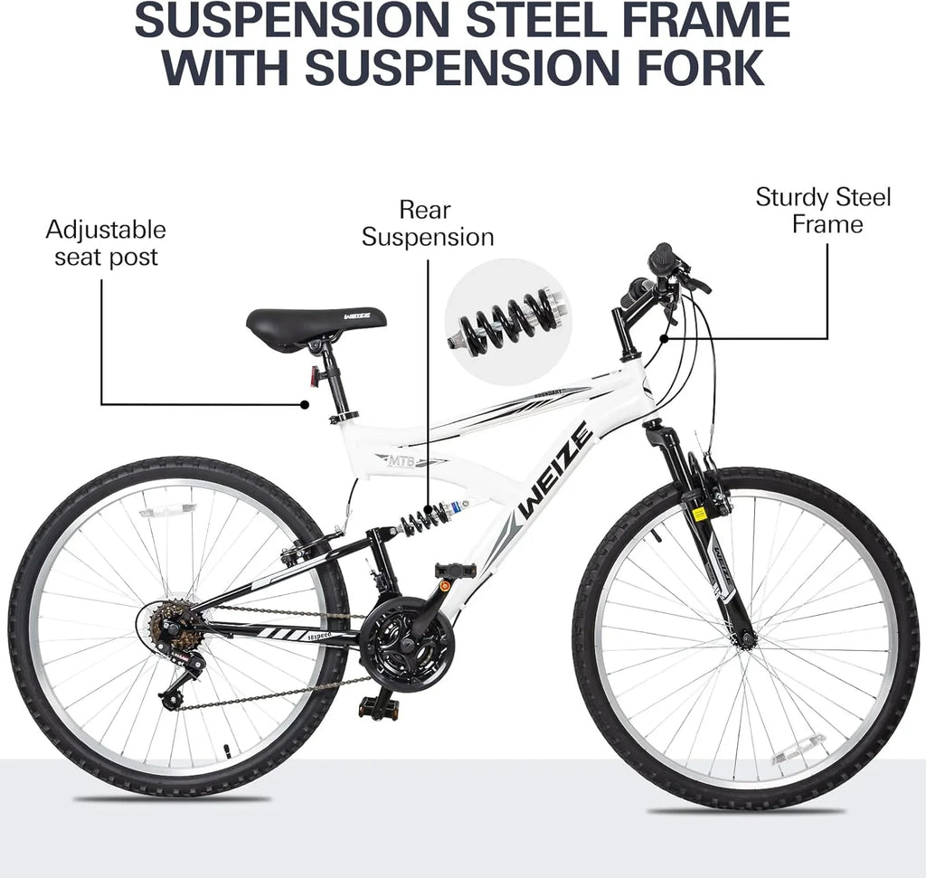 Vélo de montagne WEIZE, vélo hybride d'extérieur 26-27,5 pouces, 18 vitesses/acier à haute teneur en carbone/double suspension complète