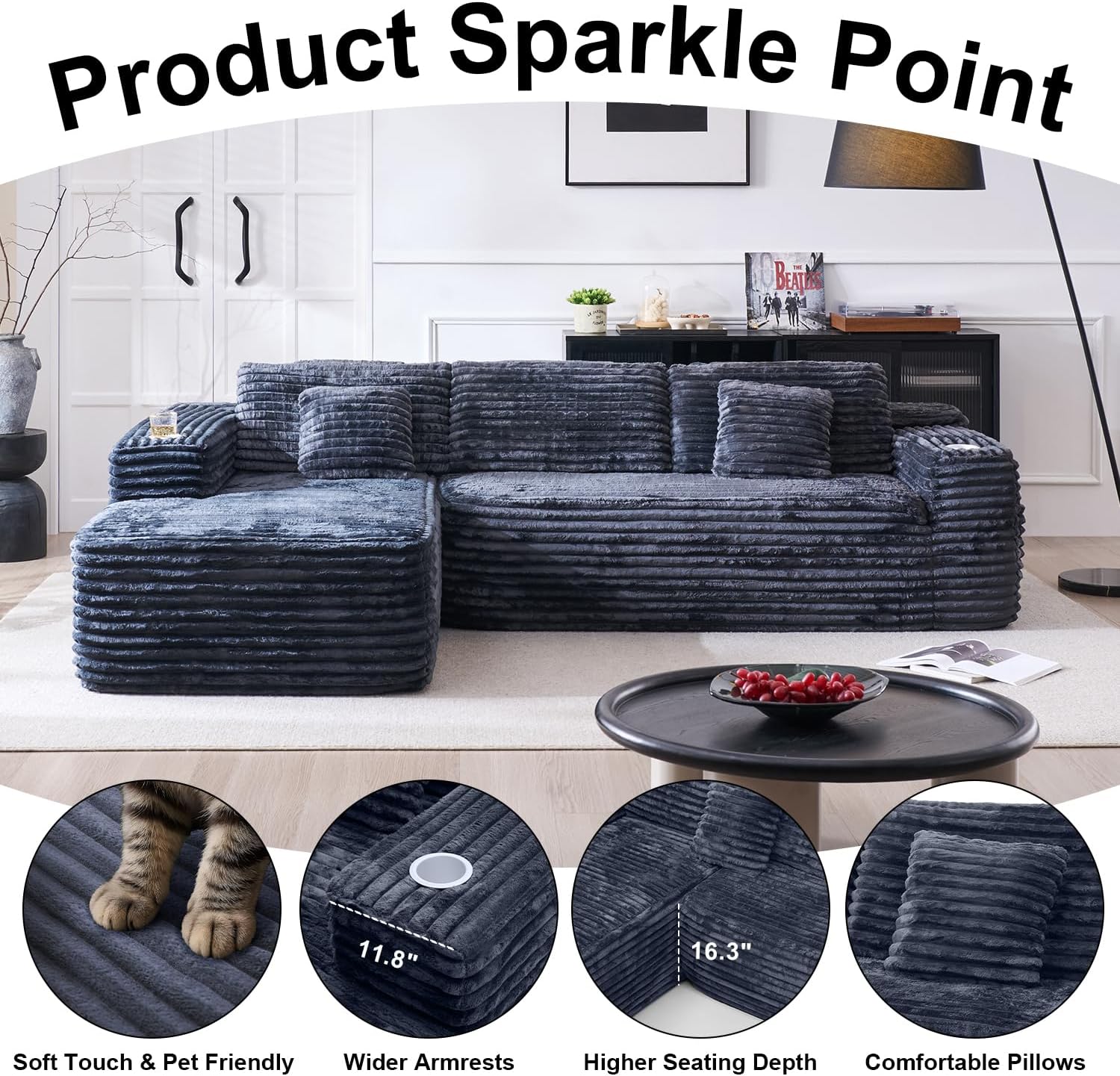 Cloud section sofa with L-shaped recliner, modern modular sofa, built-in cup holder