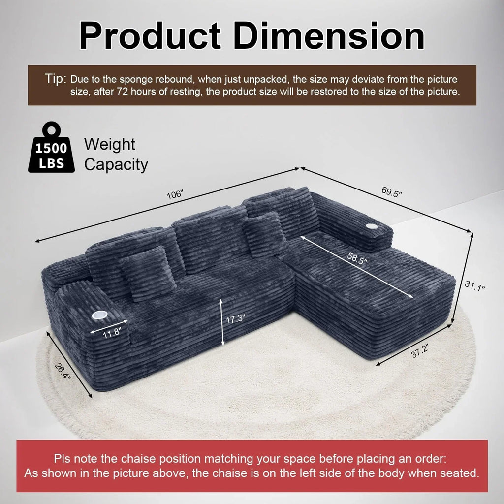 Canapé sectionnel Cloud avec méridienne en L, canapé modulaire moderne avec assise profonde, porte-gobelet intégré et poche de rangement