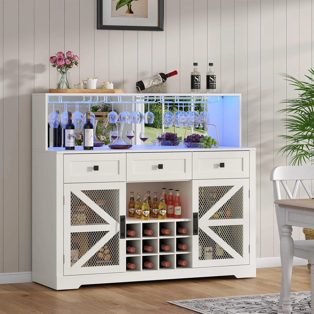 Bar à vin avec éclairage LED, meuble à liqueur avec porte-verres, bar à café pour liqueurs, buffet de rangement avec casiers à vin, armoire à vin