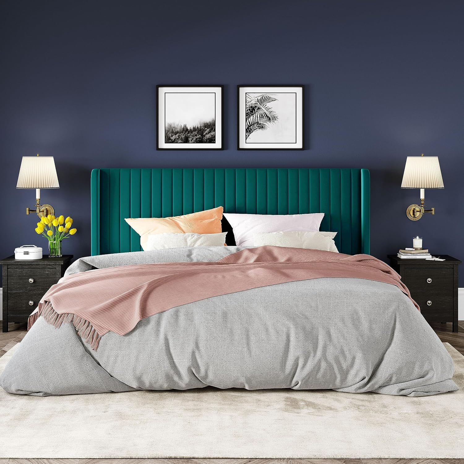 Cadre de lit Allewie en velours pleine grandeur/tête de lit capitonnée à oreilles verticales/lit plateforme rembourré/lattes en bois robustes