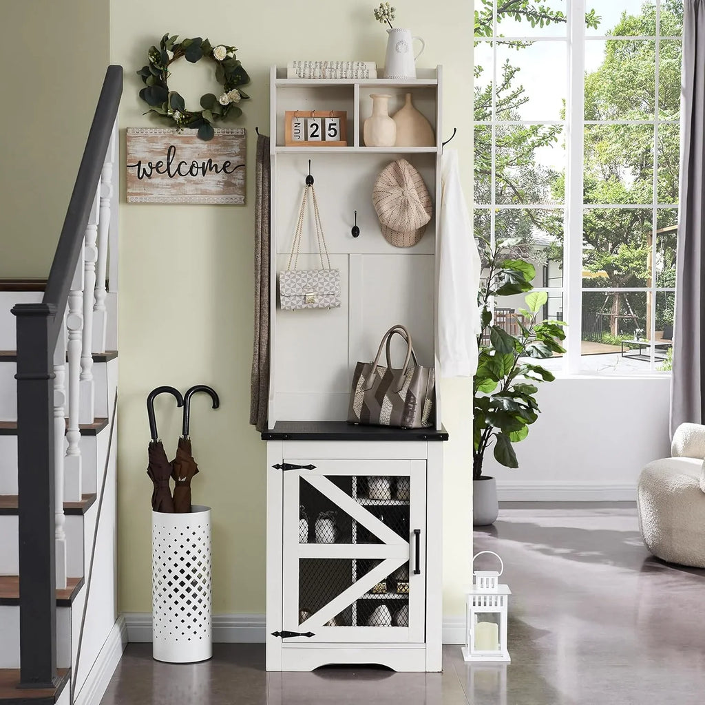 JXQTLINGMU Arbre de foyer de ferme de 59 pouces avec rangement pour chaussures, banc d'entrée, porte-manteau, armoire