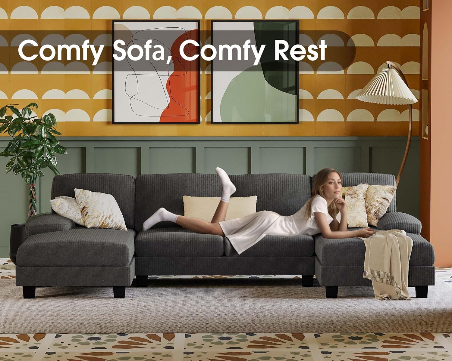 Canapé sectionnel de salon Furmax, canapé en U en lin