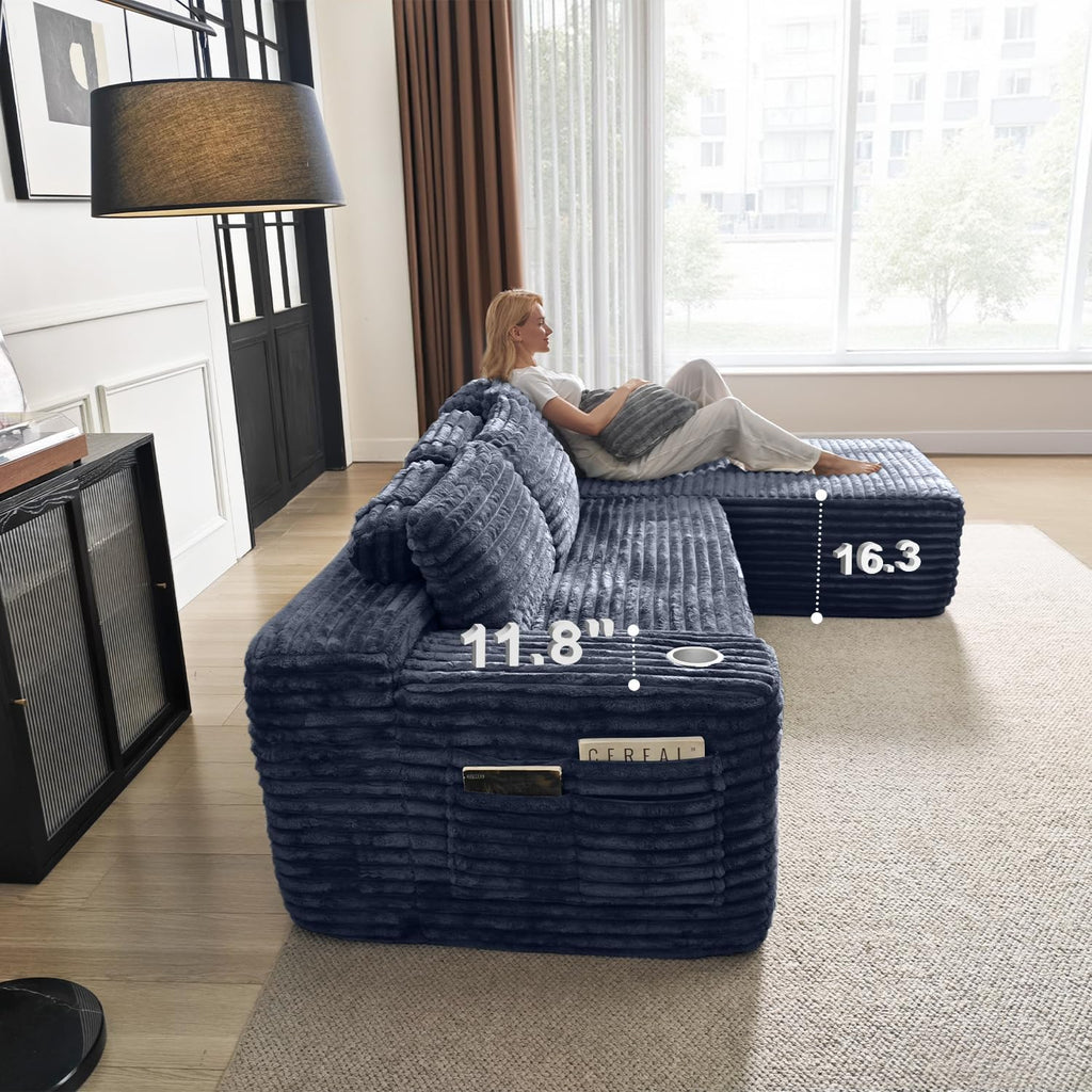 Cloud section sofa with L-shaped recliner, modern modular sofa, built-in cup holder