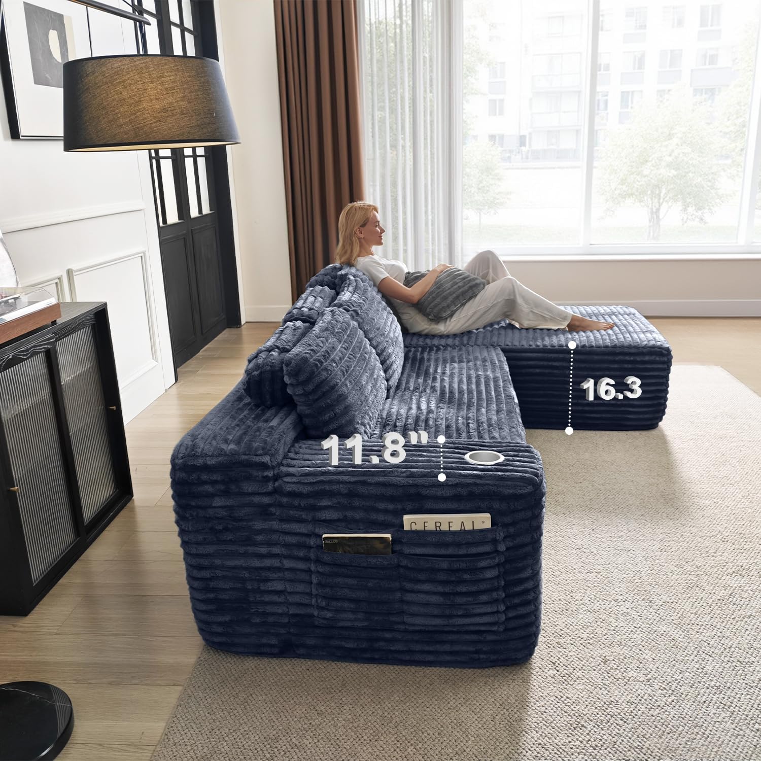 Cloud section sofa with L-shaped recliner, modern modular sofa, built-in cup holder