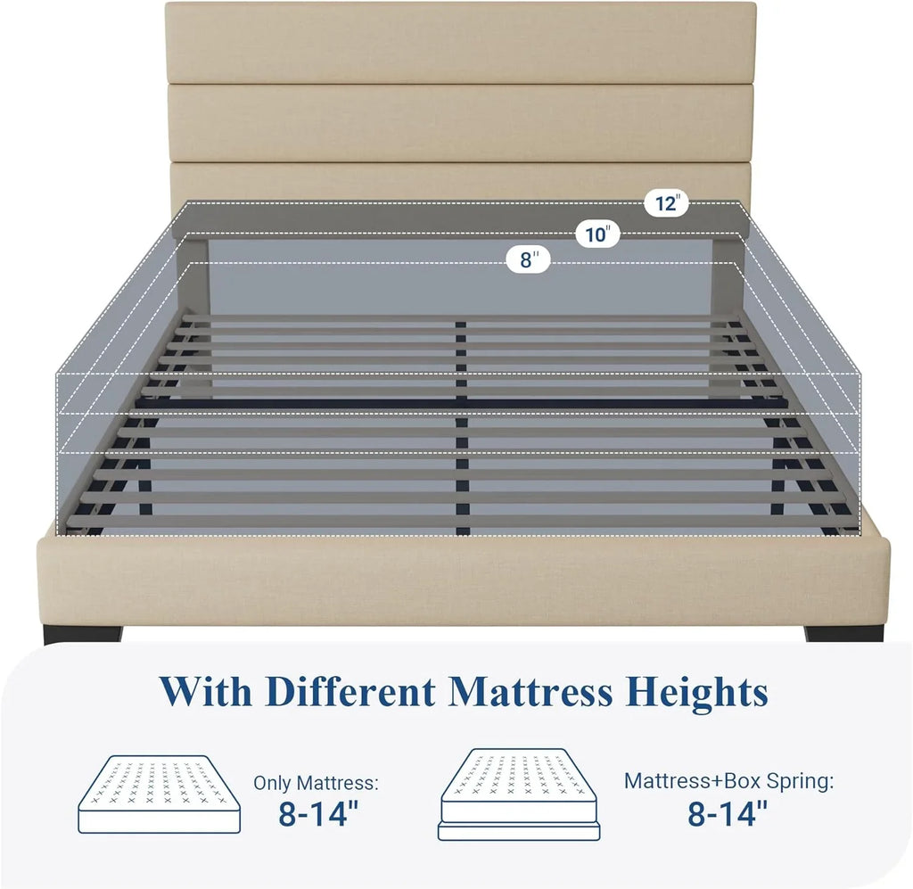 Cadre de lit plateforme Allewie Queen Size avec tête de lit rembourrée en tissu et support à lattes en bois, sommier entièrement rembourré (pas besoin de sommier)