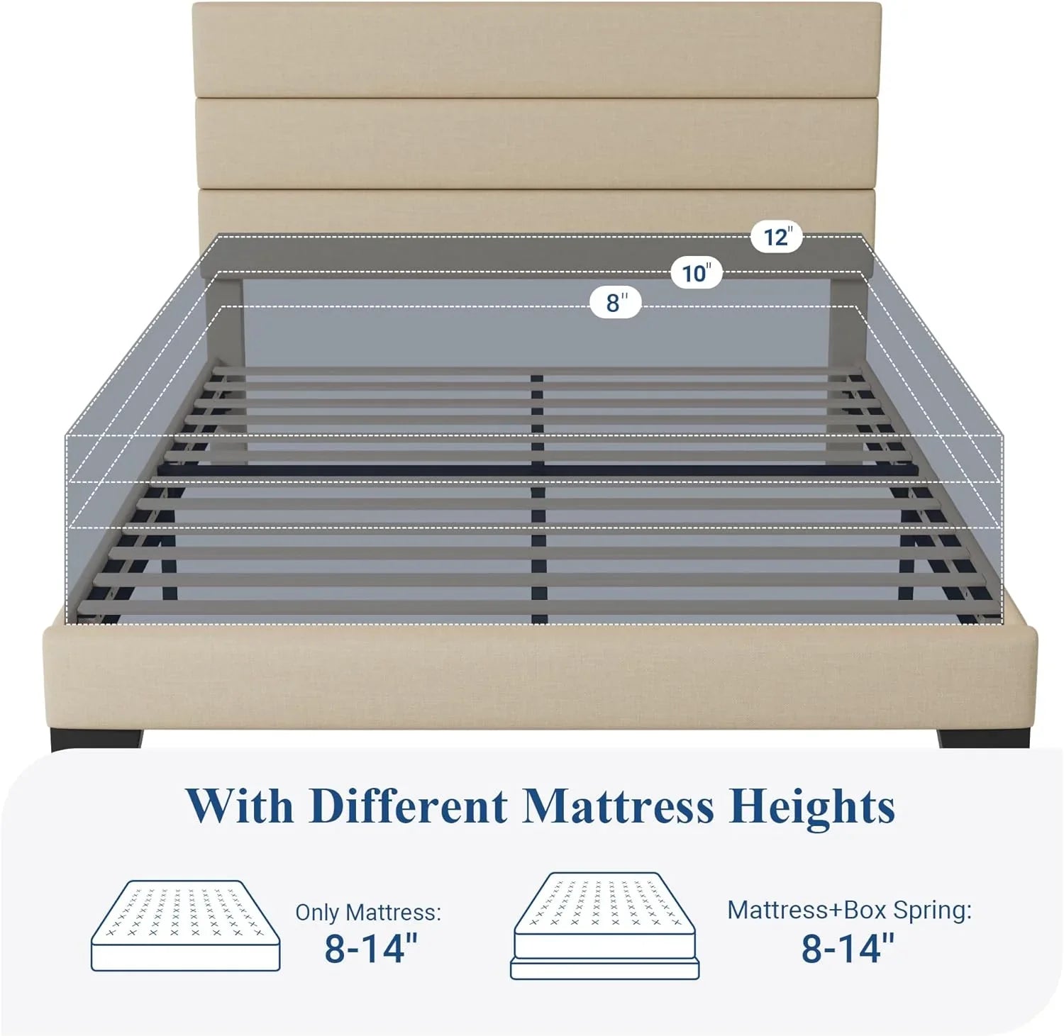 Cadre de lit plateforme Allewie Queen Size avec tête de lit rembourrée en tissu et support à lattes en bois, sommier entièrement rembourré (pas besoin de sommier)