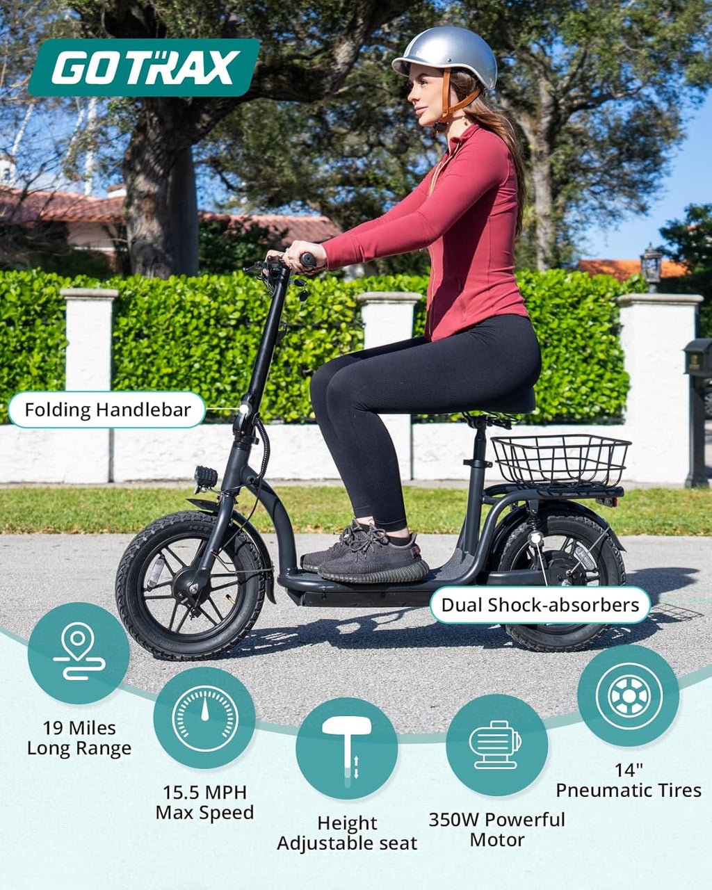 Trottinette électrique adulte Gotrax avec siège, autonomie maximale de 19 à 25 miles, pneus tout-terrain, pédales larges, siège rembourré et nacelle