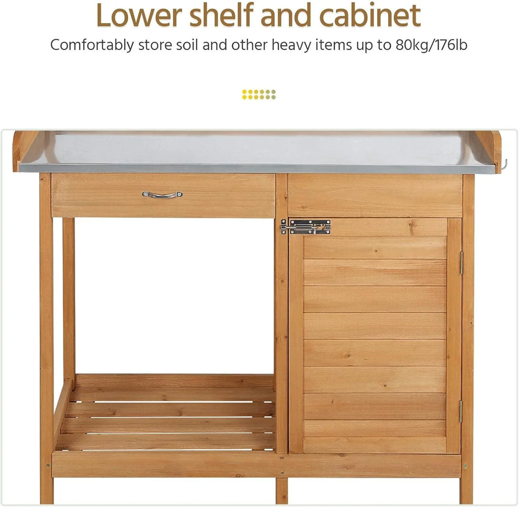 Yaheetech Banc de jardin extérieur avec plateau en métal et tiroir, étagère ouverte, bois naturel