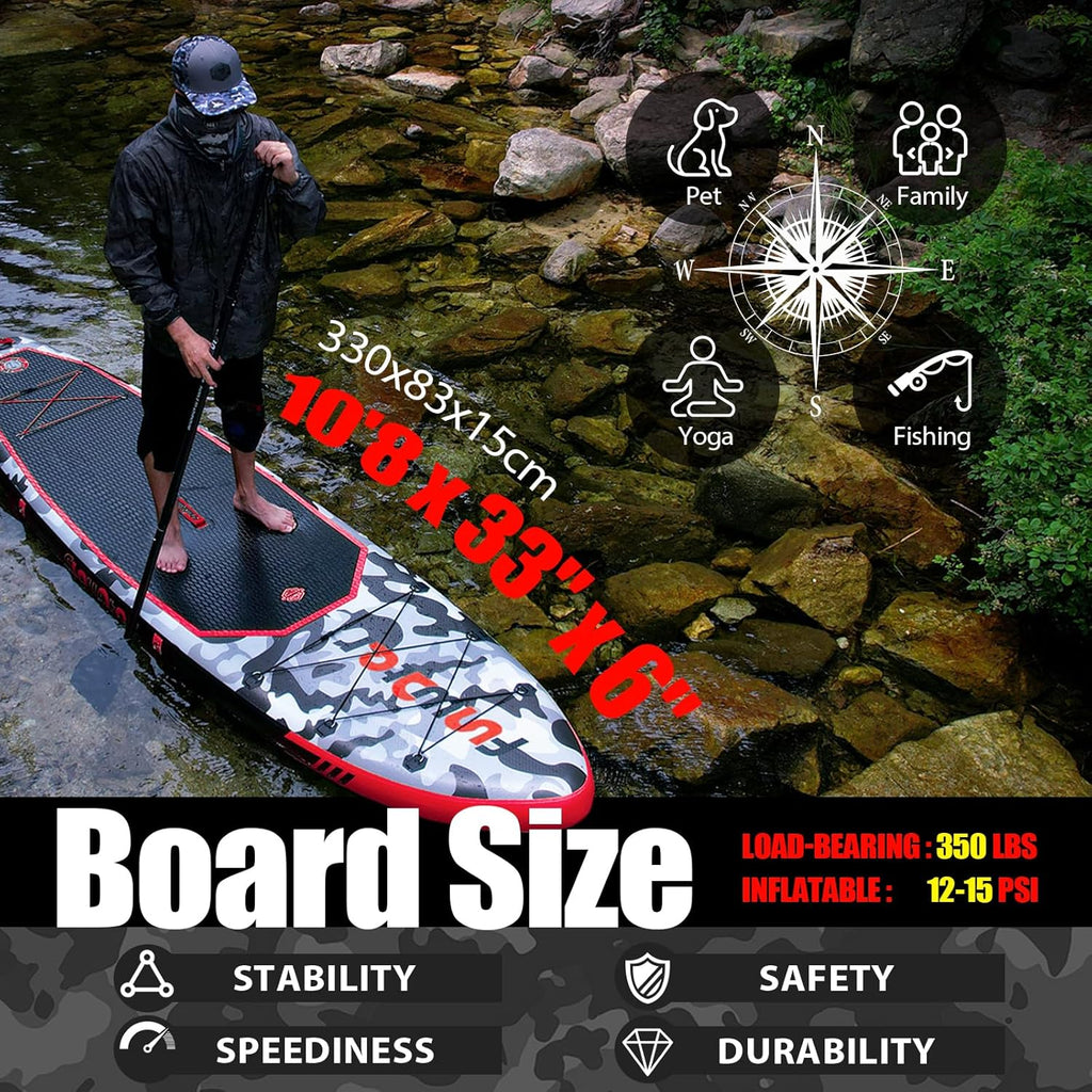 Planche de stand up paddle gonflable FunWater avec accessoires de pagaie SUP haut de gamme, pont EVA antidérapant, pagaie 11'/10'6'