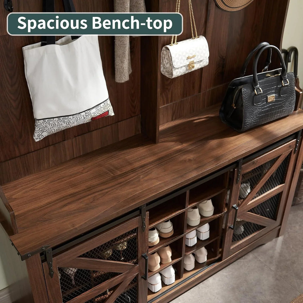 JXQTLINGMU Arbre de foyer de ferme de 59 pouces avec rangement pour chaussures, banc d'entrée, porte-manteau, armoire