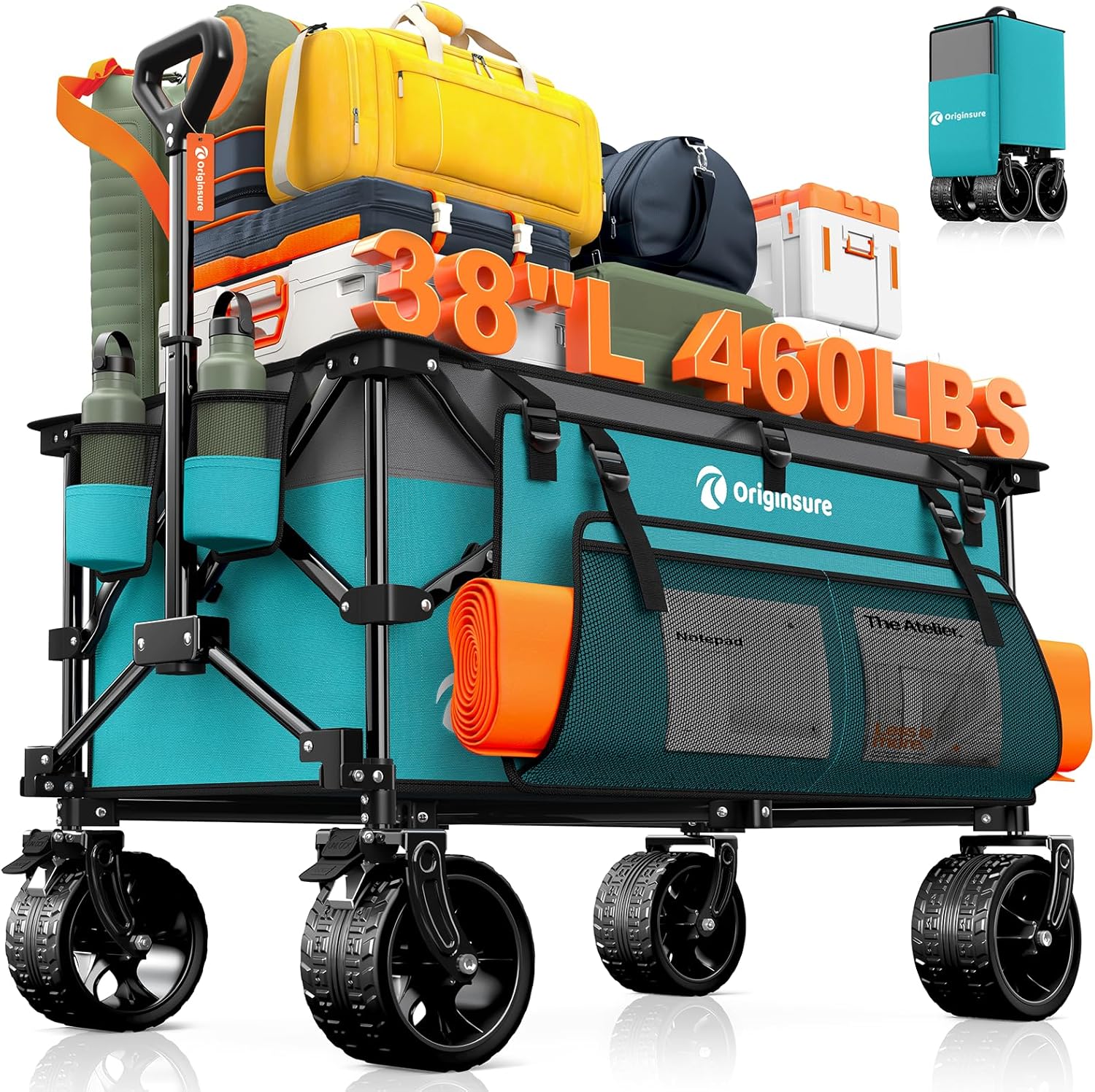 Poussette pliable à quatre roues de 96 cm de long, pliable, capacité de 200 kg, poussette de plage pliable robuste de 220 litres avec de grands pneus tout-terrain