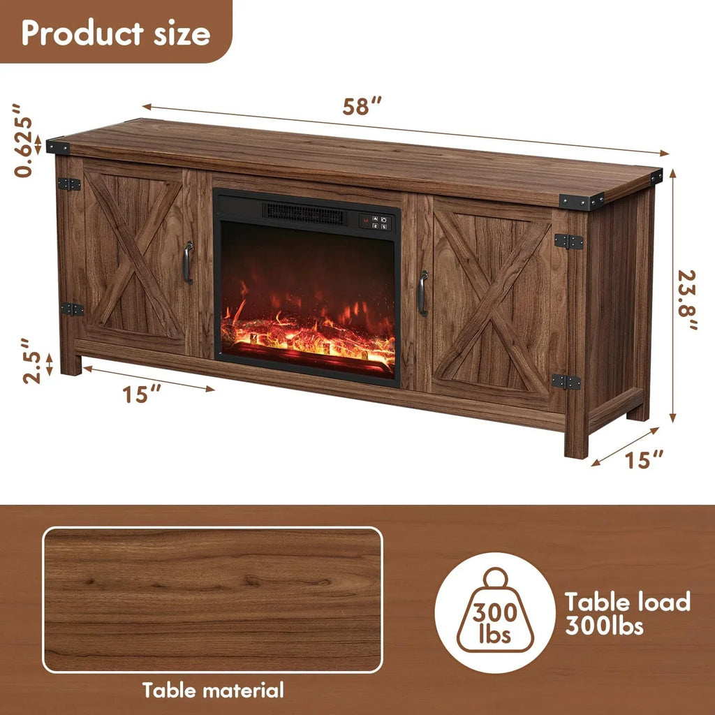 YESHOMY Meuble TV avec cheminée et deux portes de grange, armoires de rangement pour téléviseurs jusqu'à 65 pouces et plus, console de divertissement, meuble multimédia pour salon, 58 pouces