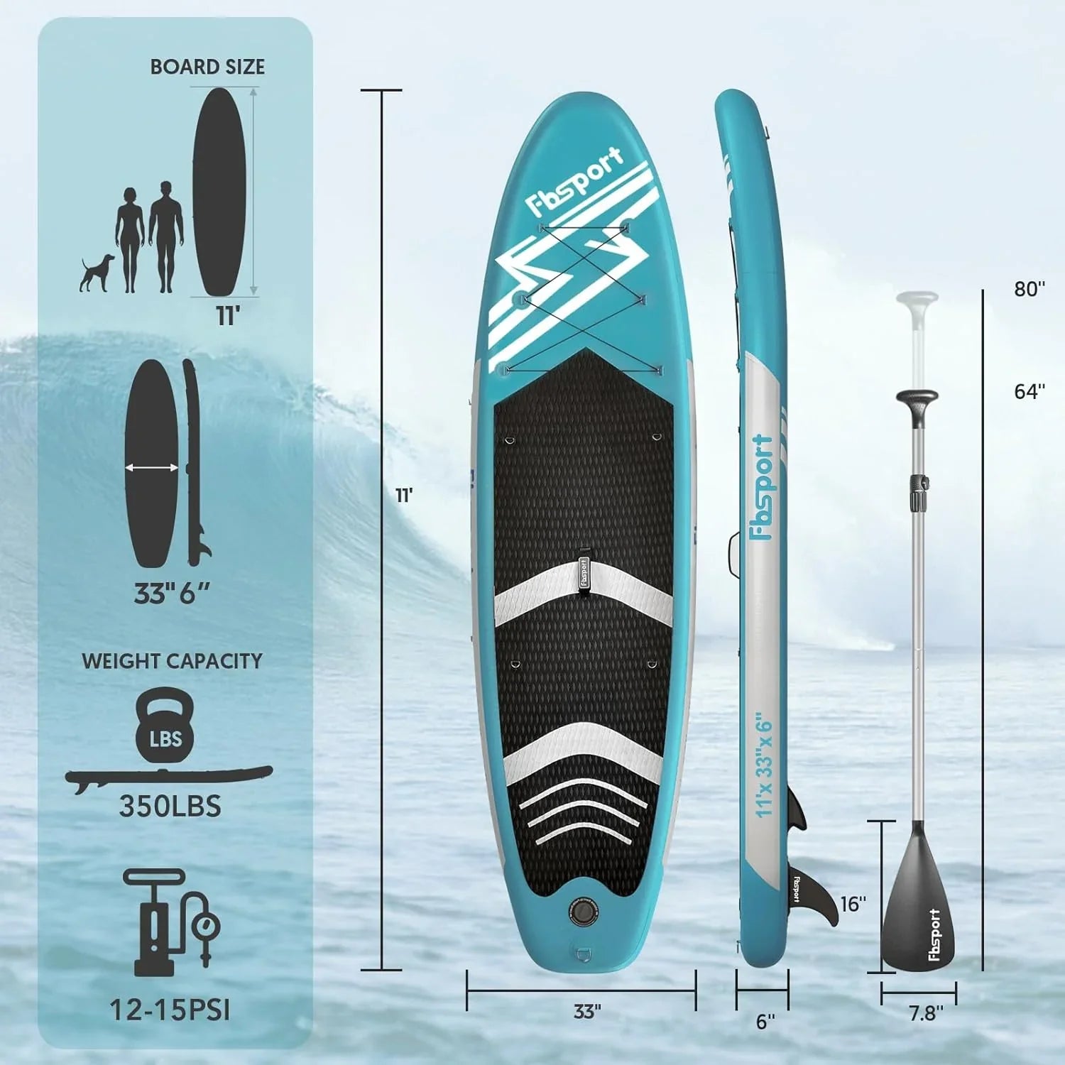 Planche de stand up paddle FBSPORT Premium 11', planche de yoga, contrôle du surf, pont antidérapant, attache, pagaie et pompe