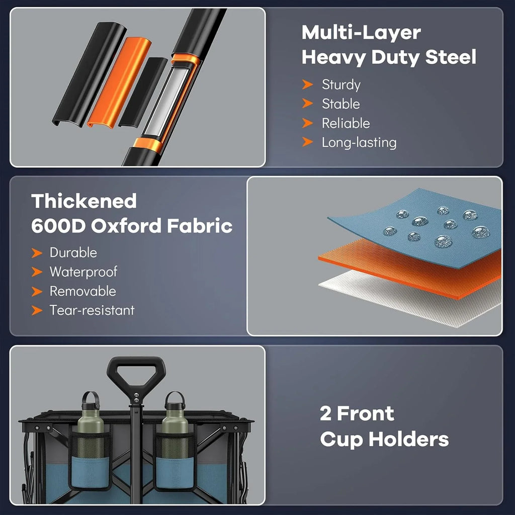 Poussette pliable à quatre roues de 96 cm de long, pliable, capacité de 200 kg, poussette de plage pliable robuste de 220 litres avec de grands pneus tout-terrain