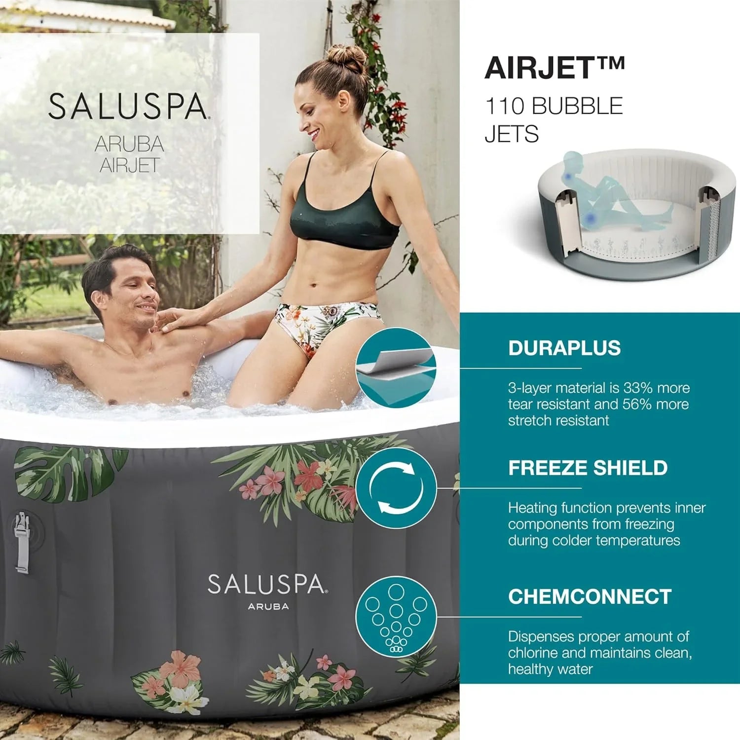 Spa gonflable rond SaluSpa Aruba AirJet, grand format, pour 2 à 3 personnes, portable, pour l'extérieur