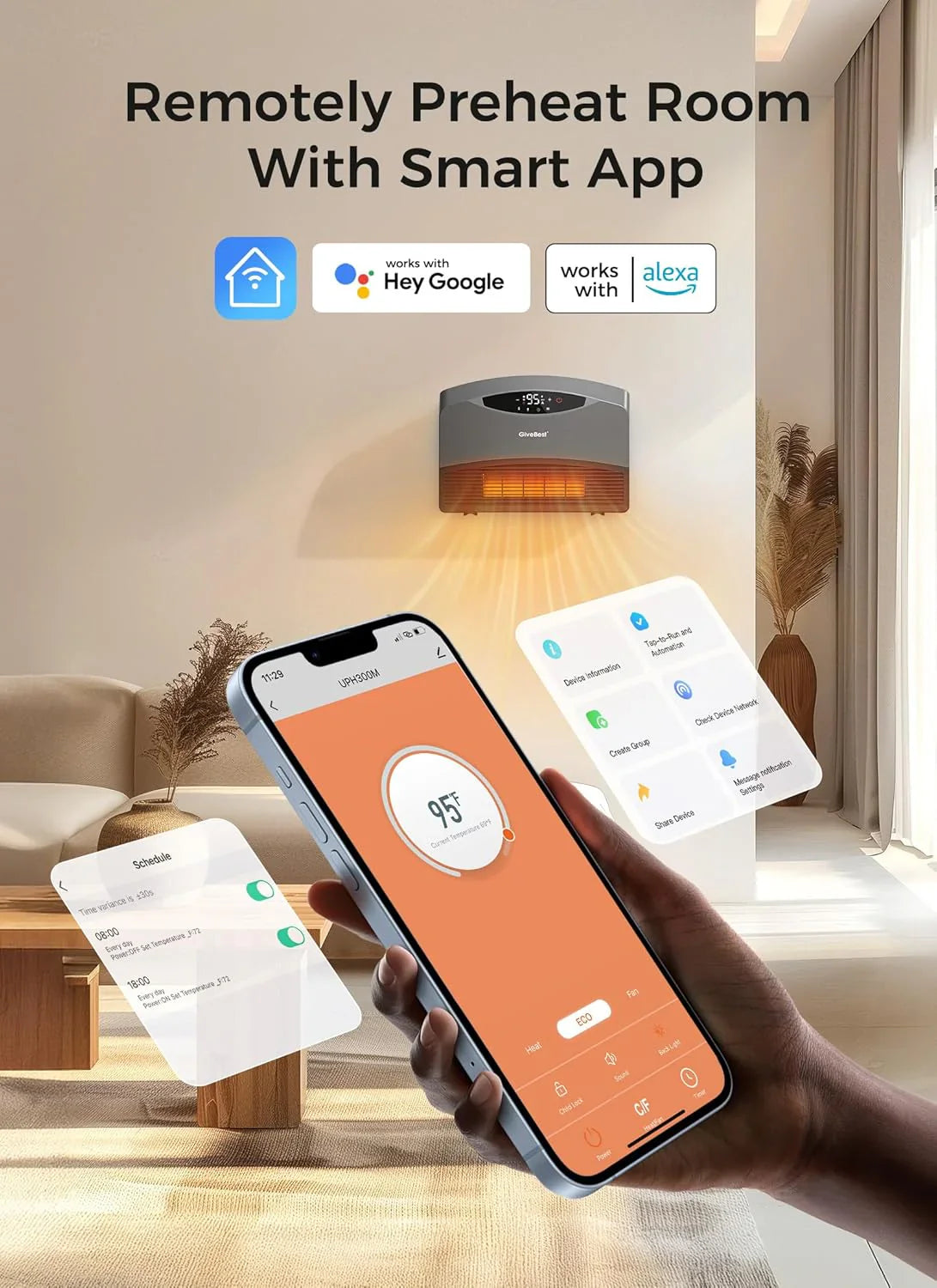 Radiateur électrique mural avec WiFi et télécommande, radiateur sur pied 1500W couverture rapide pour grandes pièces