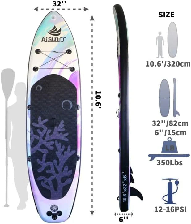 Planche de SUP gonflable large avec sac de transport SUP, pompe à main, sac étanche 10L et pagaie réglable
