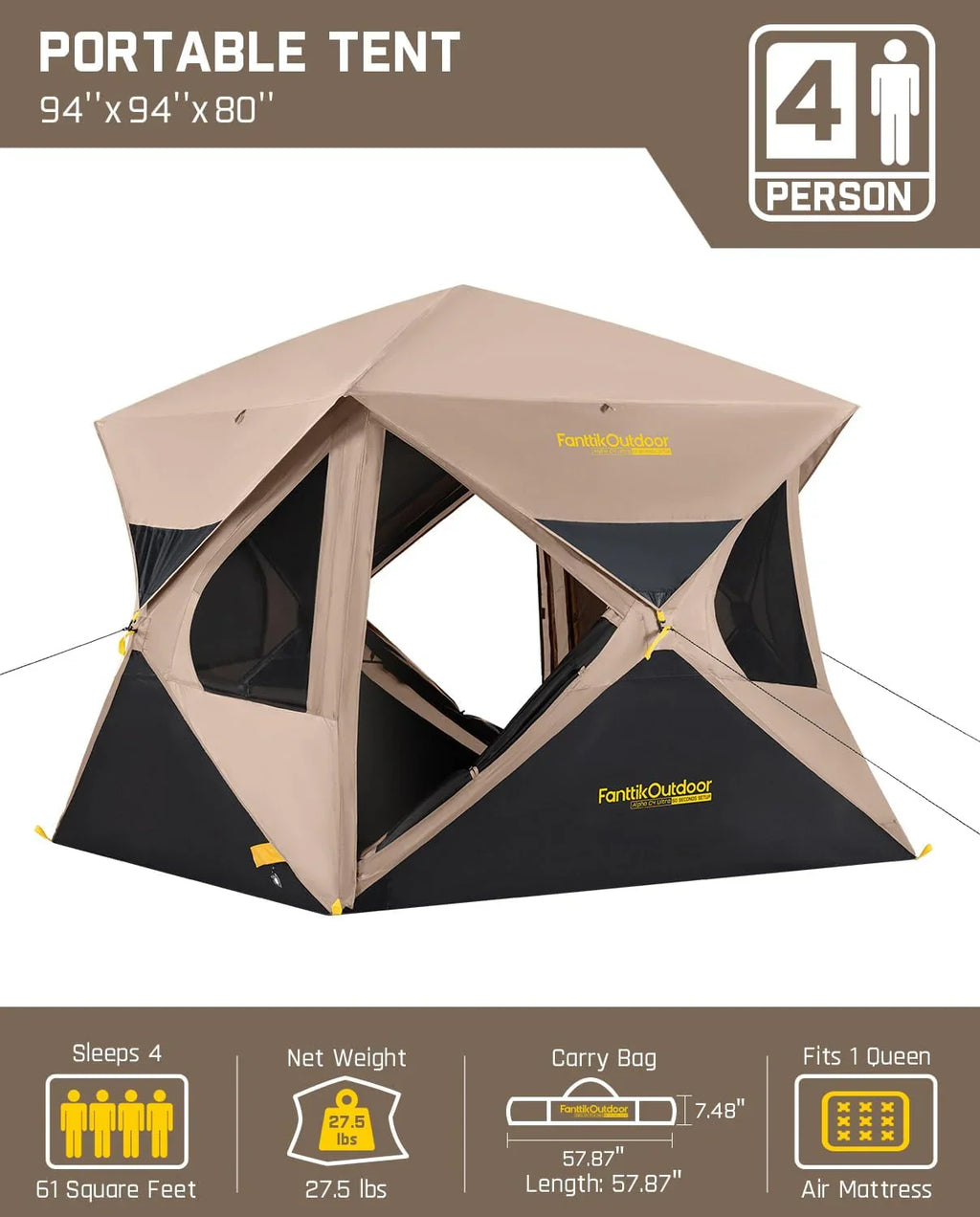 Tente de camping super pop-up pour 4 personnes, installation instantanée, tente centrale portable