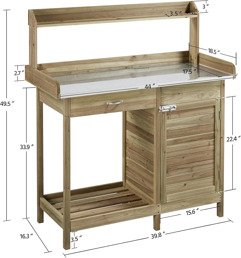 Yaheetech Banc de jardin extérieur avec plateau en métal et tiroir, étagère ouverte, bois naturel