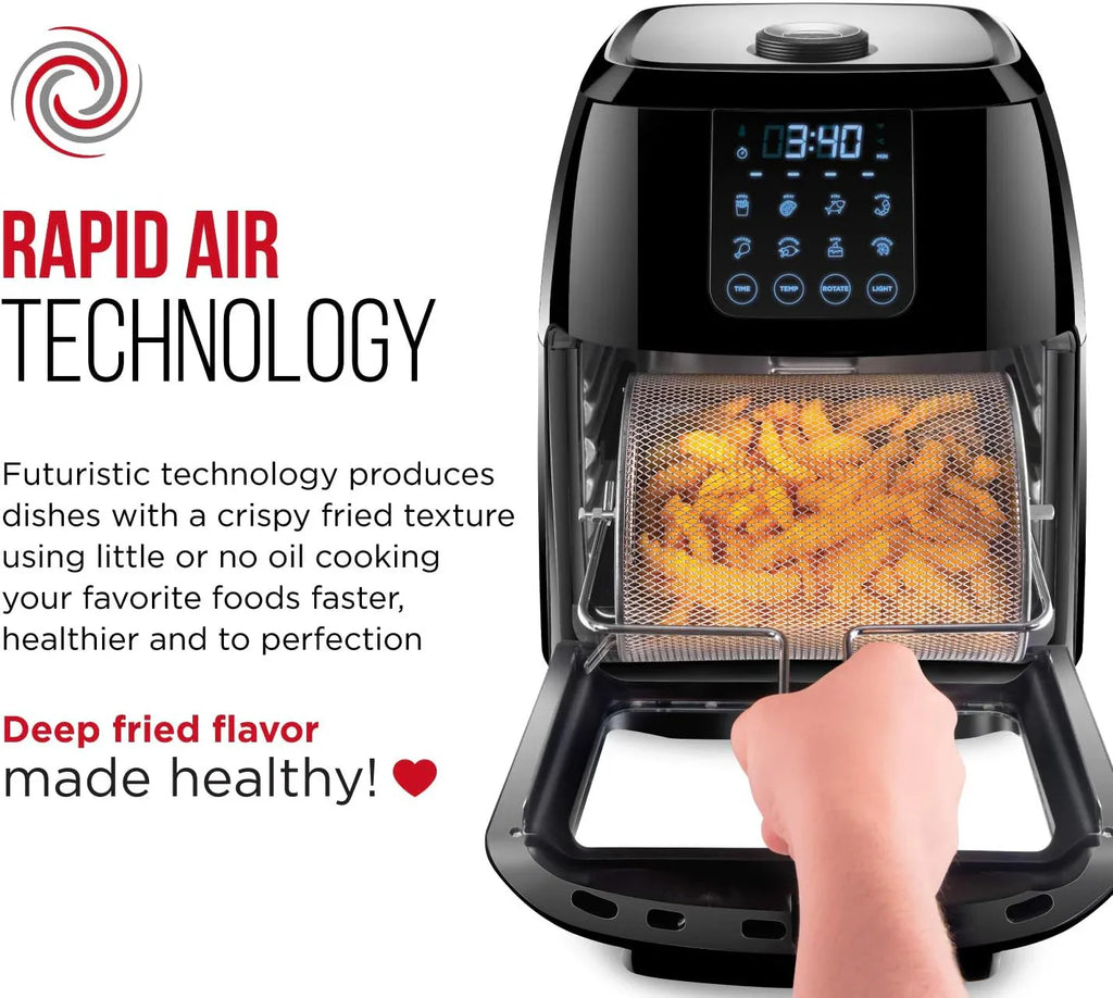 Chefman compacte digitale heteluchtfriteuse van 6,3 liter met draaispit, dehydrator en heteluchtoven, 8 aanraakgevoelige voorinstellingen. 