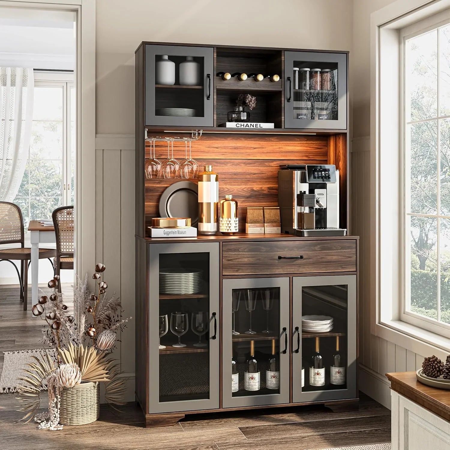 Armoire de garde-manger de 180 cm de haut avec portes vitrées