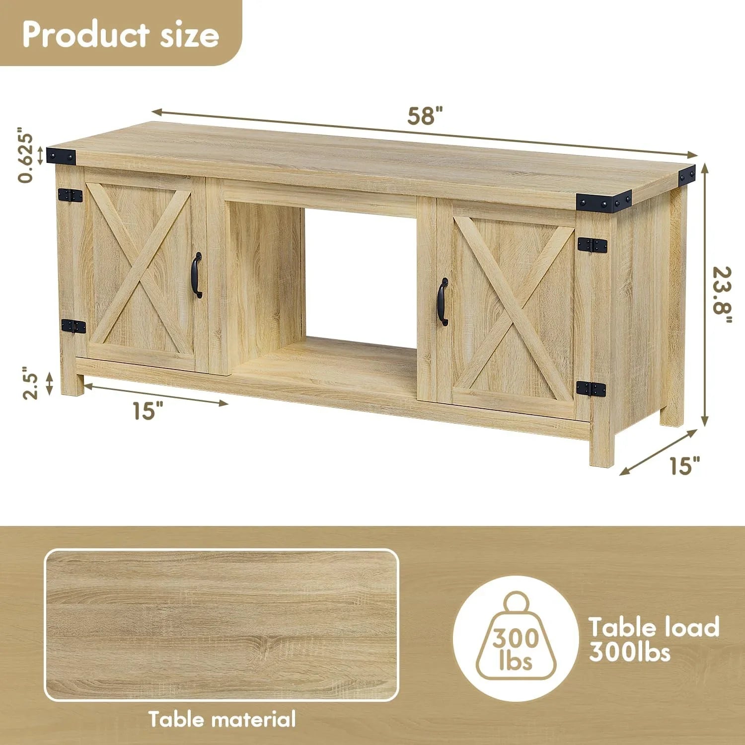 YESHOMY Meuble TV avec cheminée et deux portes de grange, armoires de rangement pour téléviseurs jusqu'à 65 pouces et plus, console de divertissement, meuble multimédia pour salon, 58 pouces