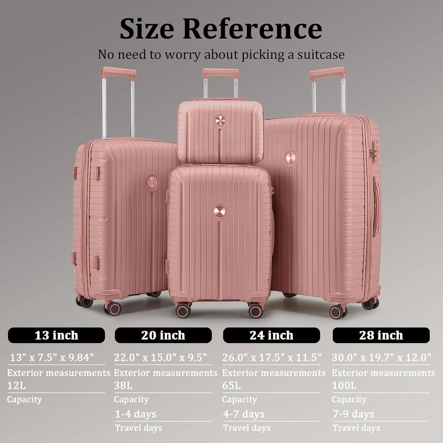 Ensemble de 5 valises de voyage légères à coque rigide en PP avec deux roulettes pivotantes et serrure TSA