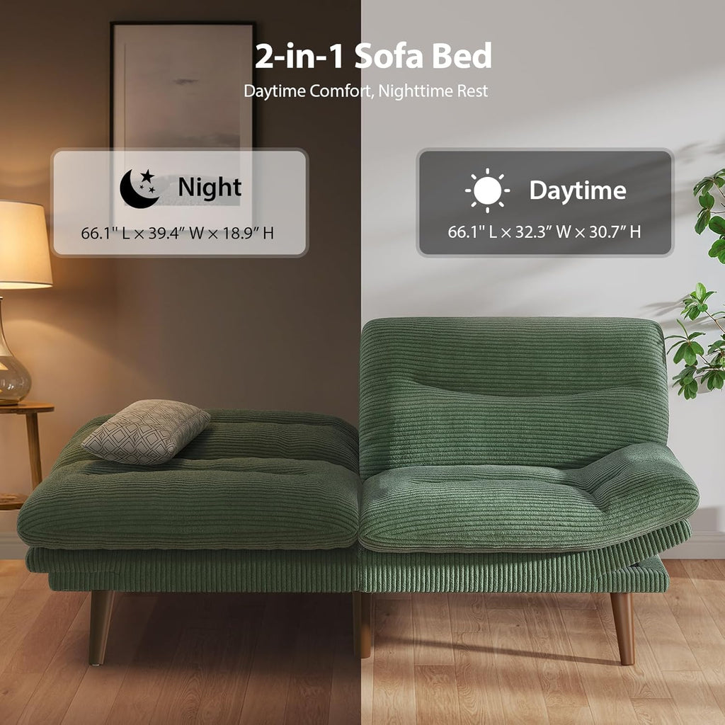 Canapé-lit futon convertible, canapé-lit futon inclinable en velours côtelé de 66 pouces pour petits espaces, salles de jeux ou bureaux