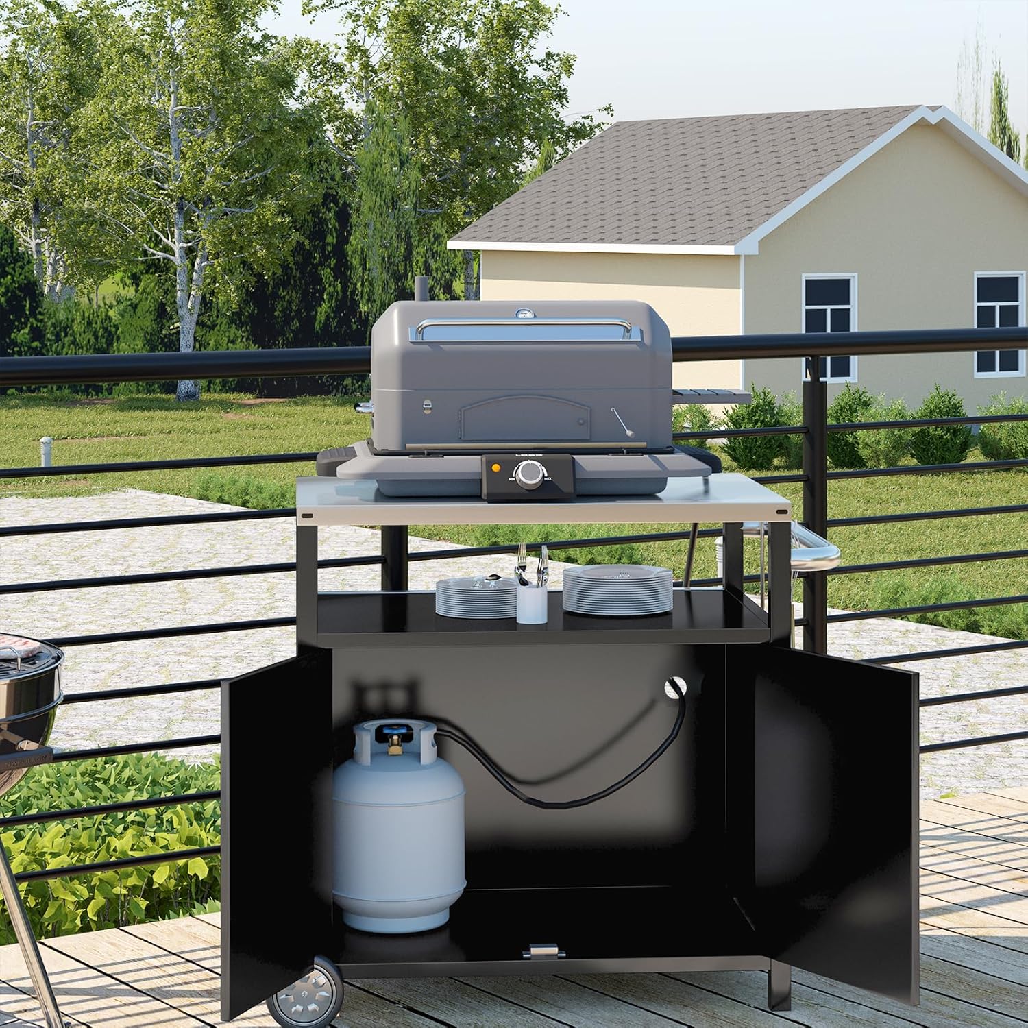 Chariot de barbecue d'extérieur en acier inoxydable, support de four à pizza, table roulante, chariot de barbecue robuste