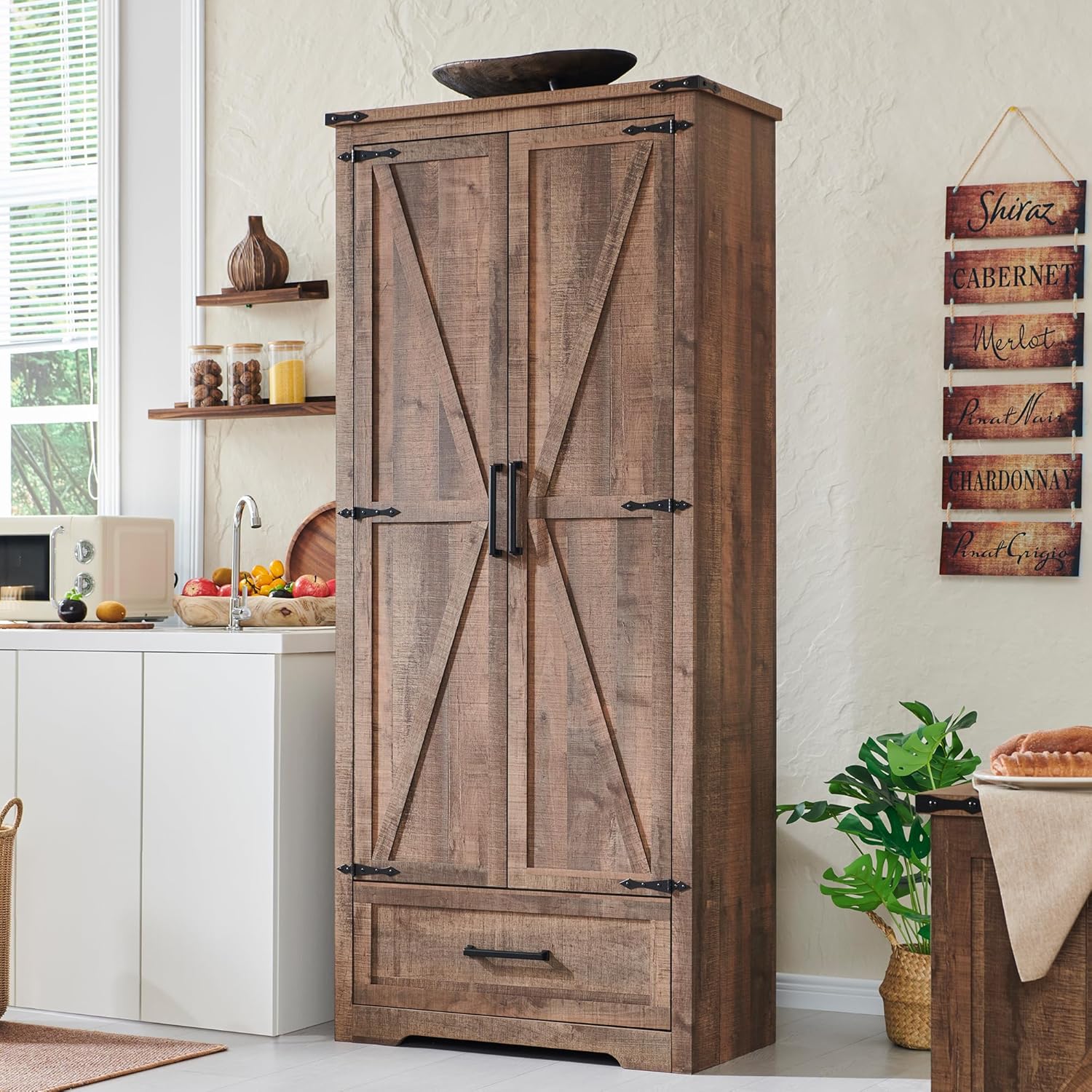 Garde-manger de cuisine de style ferme JXQTLINGMU - Armoire de rangement de cuisine en bois de 72 po de hauteur avec étagères réglables et 2 portes et tiroirs de style grange
