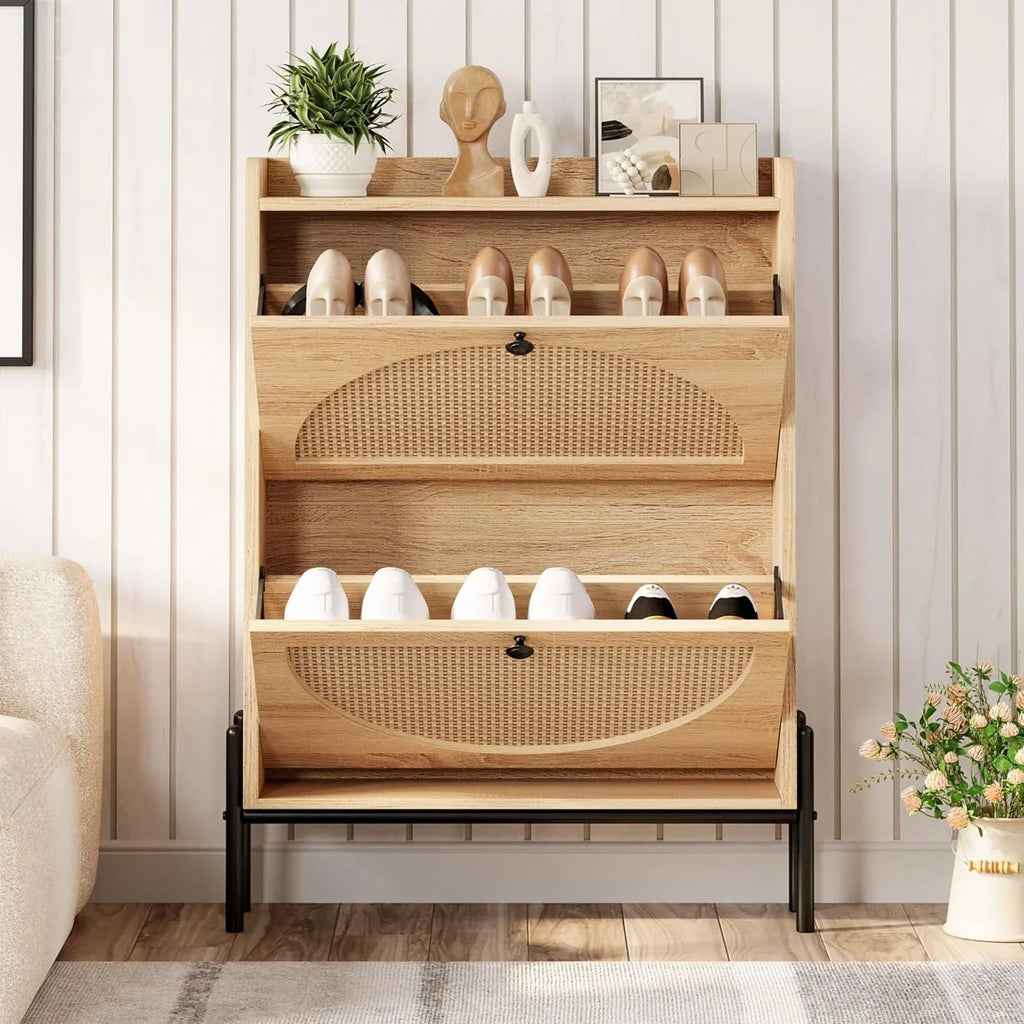 Meuble à chaussures IRONCK avec 2 tiroirs rabattables, meuble de rangement à chaussures indépendant en bois