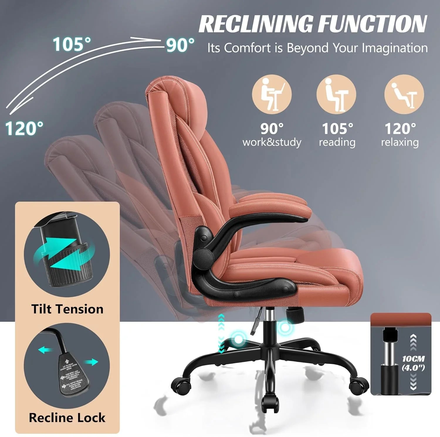 Chaise de bureau pivotante à pieds hauts, en cuir respirant, avec support lombaire