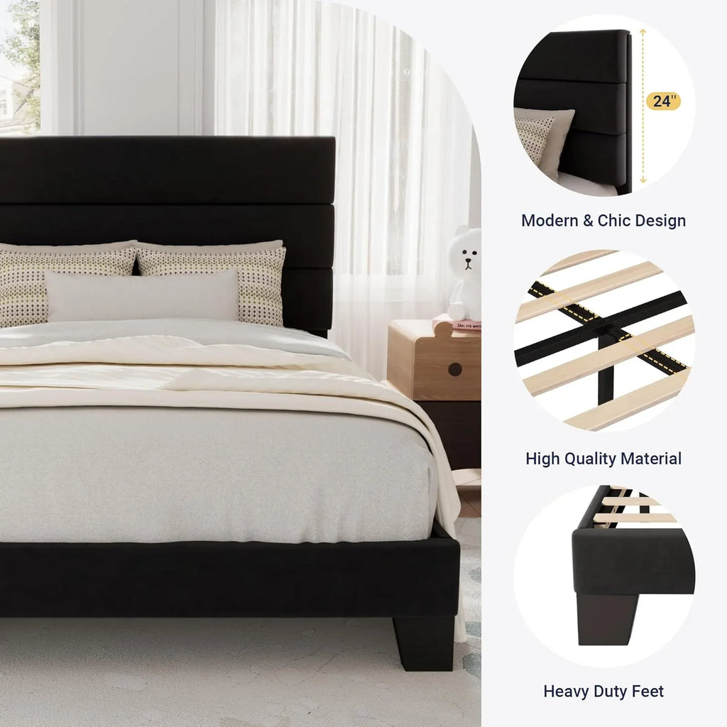 Cadre de lit plateforme Allewie Queen Size avec tête de lit rembourrée en tissu et support à lattes en bois, sommier entièrement rembourré (pas besoin de sommier)