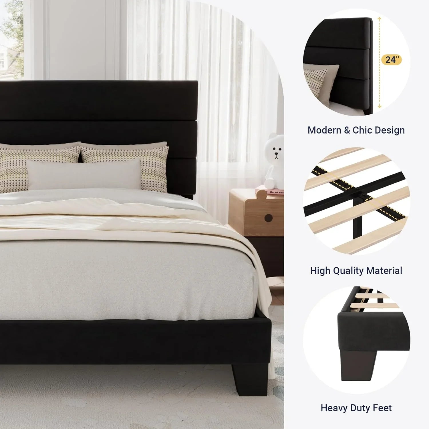 Cadre de lit plateforme Allewie Queen Size avec tête de lit rembourrée en tissu et support à lattes en bois, sommier entièrement rembourré (pas besoin de sommier)