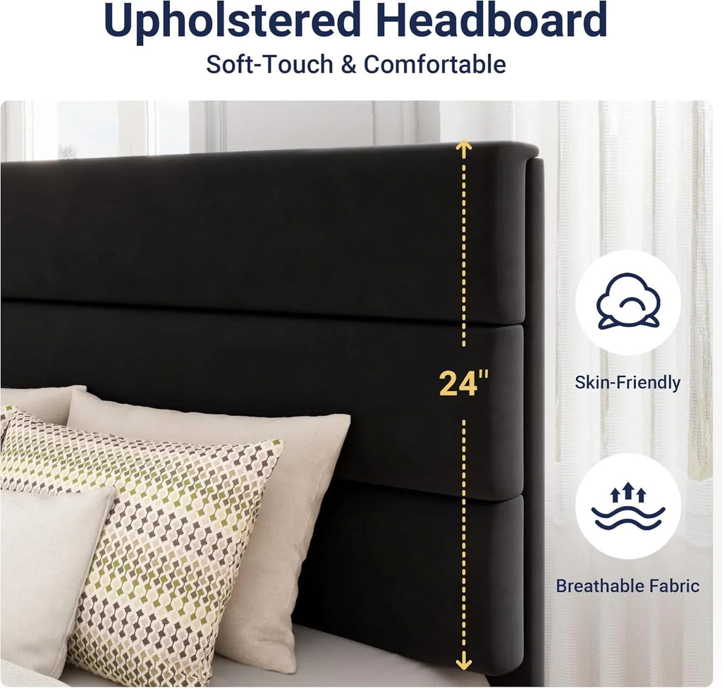 Cadre de lit plateforme Allewie Queen Size avec tête de lit rembourrée en tissu et support à lattes en bois, sommier entièrement rembourré (pas besoin de sommier)