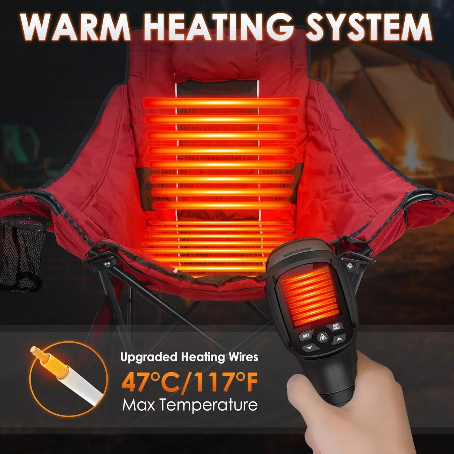 Chaise de camping chauffante, chaise de sport d'extérieur extra large avec 3 niveaux de chaleur sur le dossier et l'assise, chaise d'extérieur chauffante pliante portable (piles non incluses)