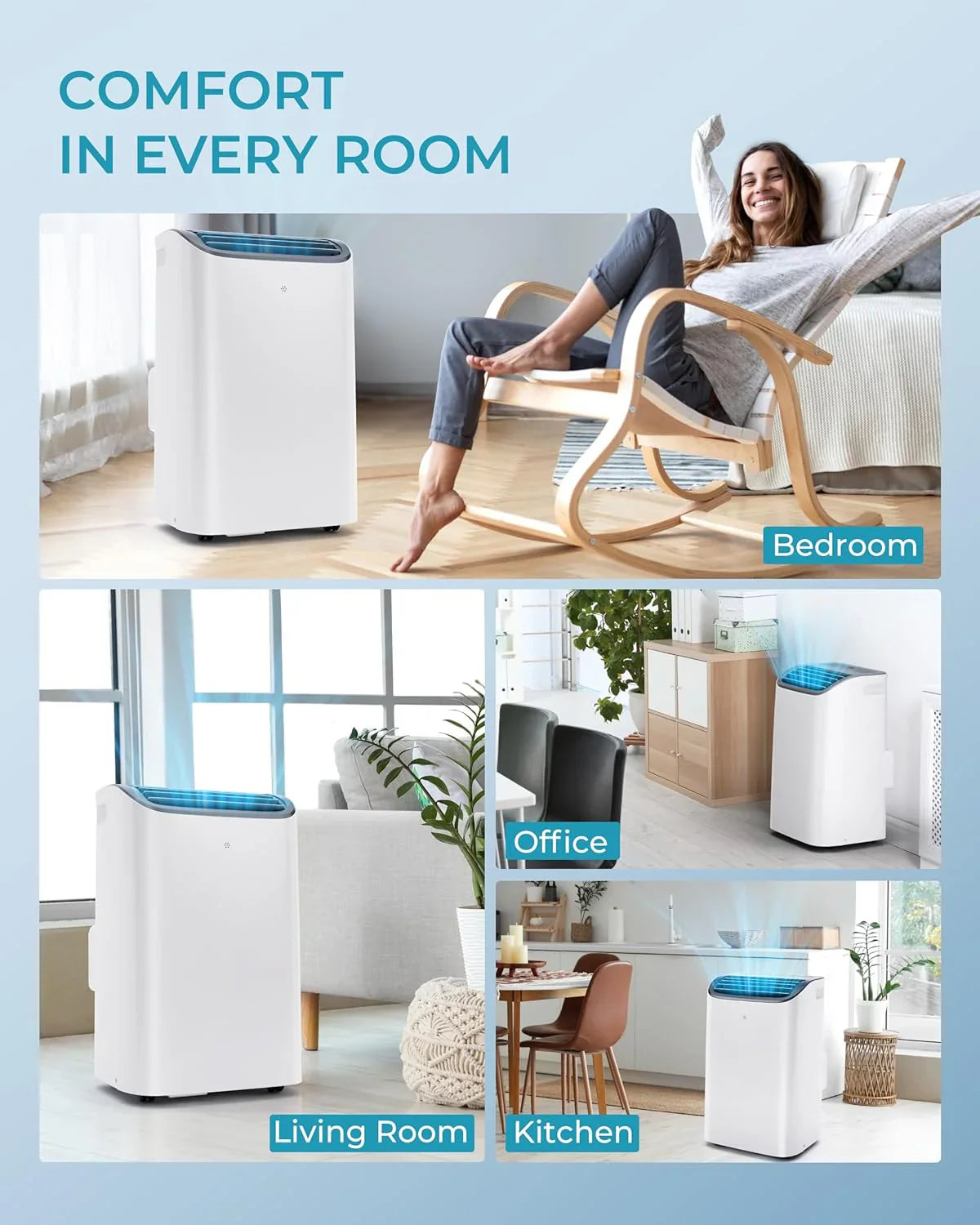 Climatiseur portatif EUHOMY 8 000 BTU, 4 en 1, couvre jusqu'à 350 pi², 4 modes, silencieux, avec télécommande, refroidissement, ventilateur, déshumidificateur